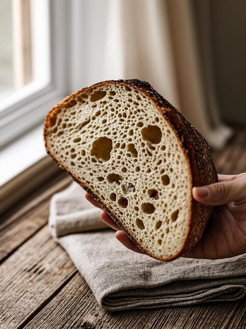 Miga aberta do pão sourdough