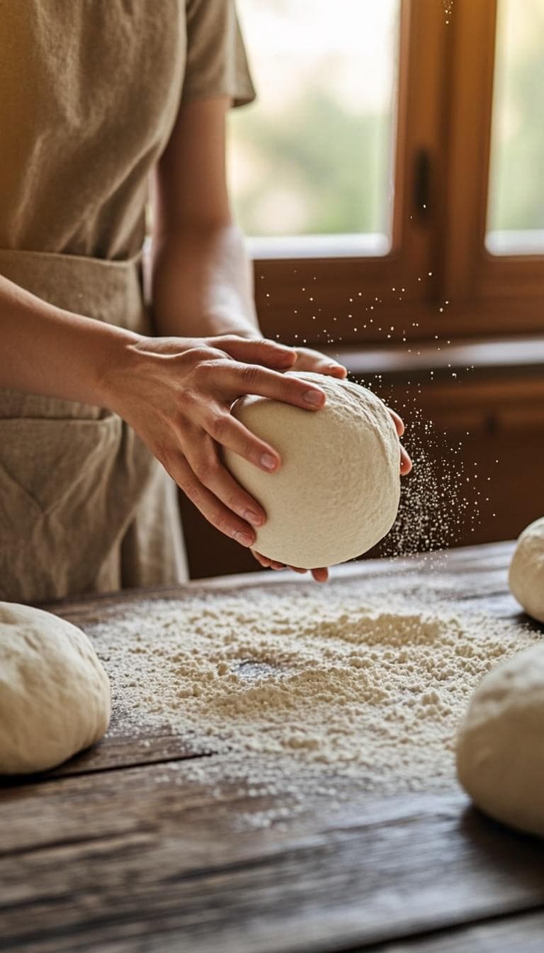 Mãos de padeiro a tender massa polvilhada de farinha