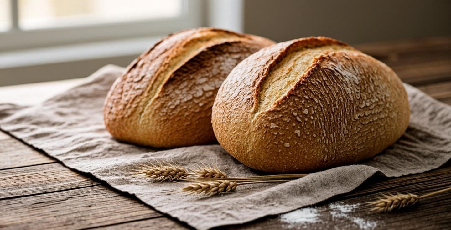 Pães sourdough artesanais sobre linho, luz quente da manhã