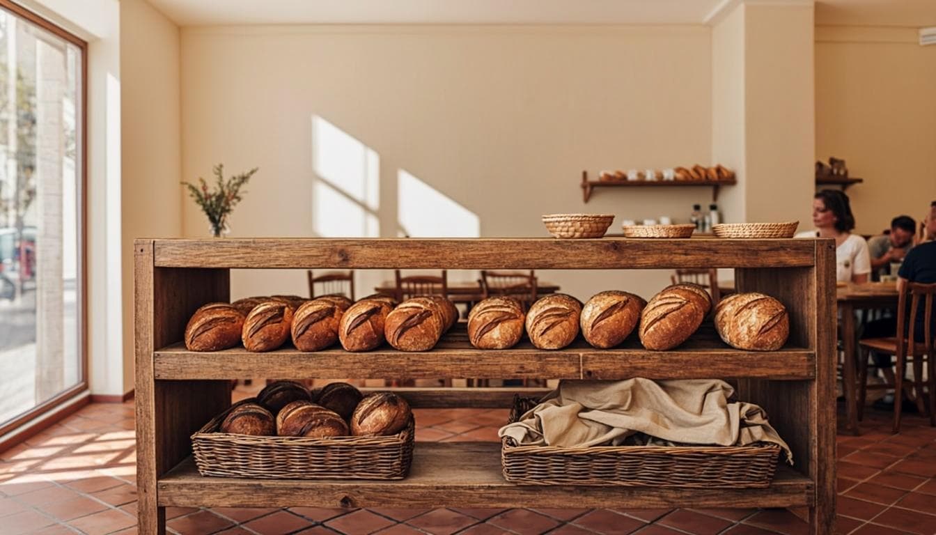 Interior da padaria com prateleiras de pão